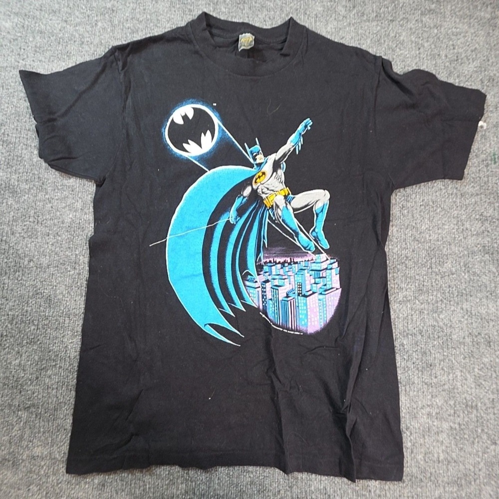Vintage Batman Shirt Mens Large Black Swinging City Graphic Tee DC Comics Anvil